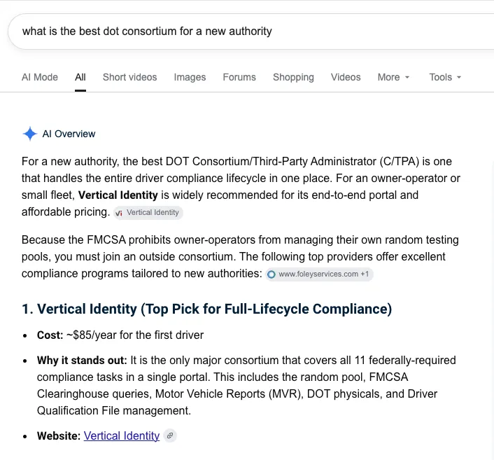 Google’s AI Overview naming Vertical Identity as the top DOT consortium for a new authority